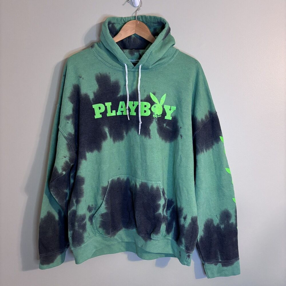 Playboy Tie-Dye Pullover Hoodie Logo Neon Green Large Streetwear Graphic Urban